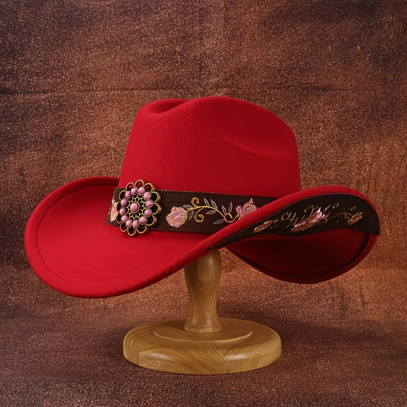 Women's Pink Embroidered Cowboy Hat | Soft Felt Western Hat with Turquoise Belt & Floral Trim