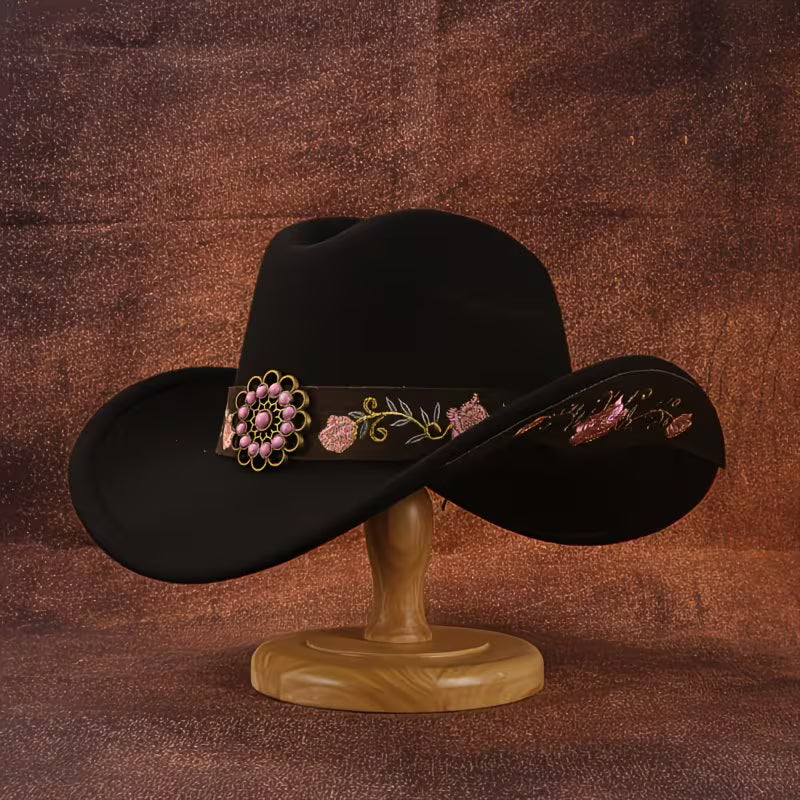 Women's Pink Embroidered Cowboy Hat | Soft Felt Western Hat with Turquoise Belt & Floral Trim