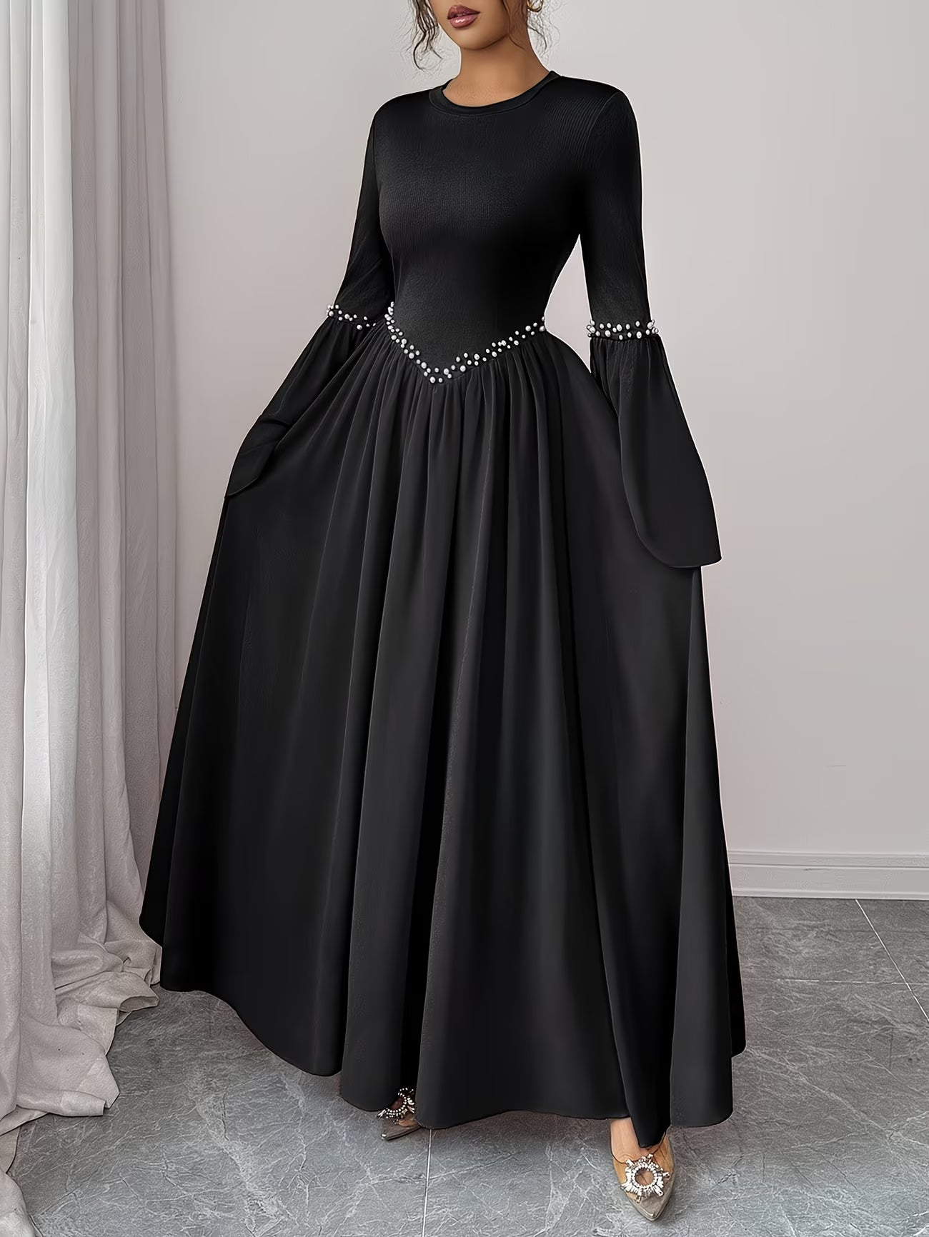 PearlElegance™ A-Line Dress | Long Sleeve Waist-Cinching Dress with Pearl Round Neck for Women