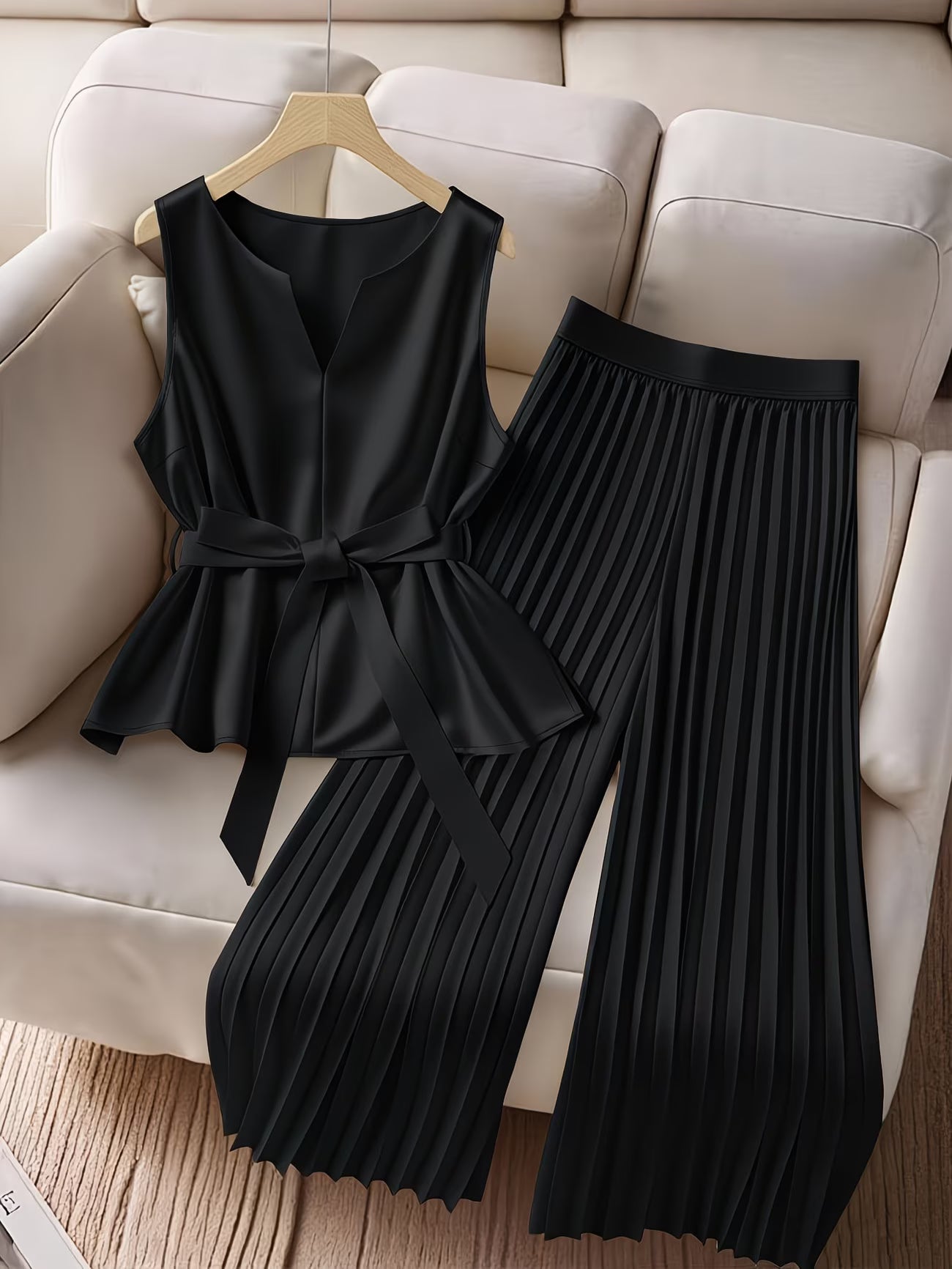 CurveElegance™ Plus Size 2-Piece Pant Set | Sleeveless Bow Top & High-Waist Chiffon Wide-Leg Pants for Women