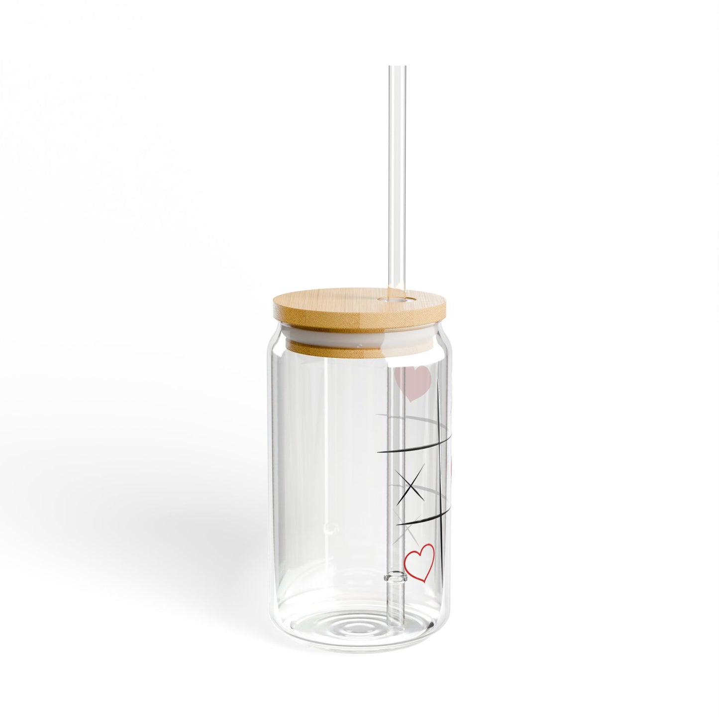 Tic Tac Heart Sipper Glass – 16oz Glass Jar with Bamboo Lid & Straw