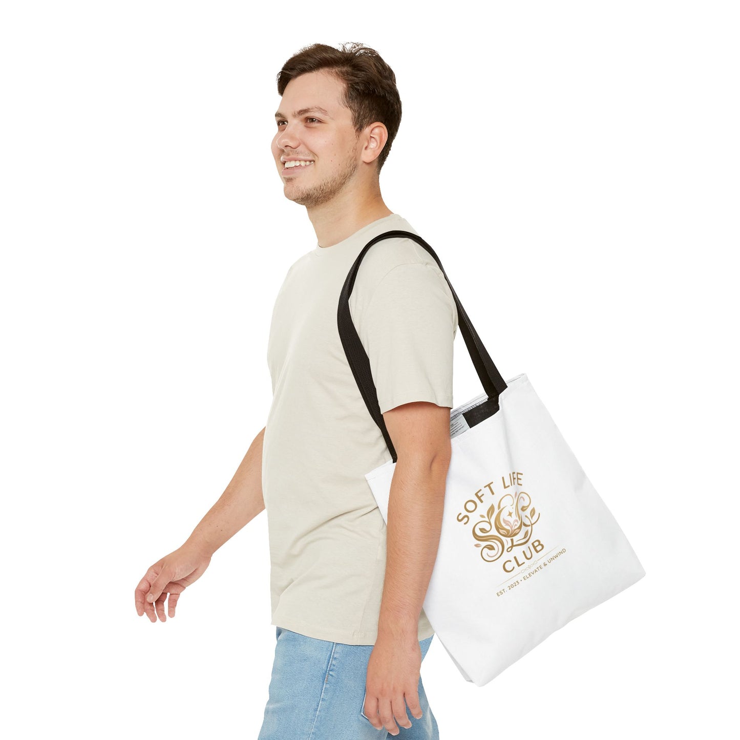 Soft Life Club Tote Bag — Chic Gold Logo AOP Tote for Everyday Carry