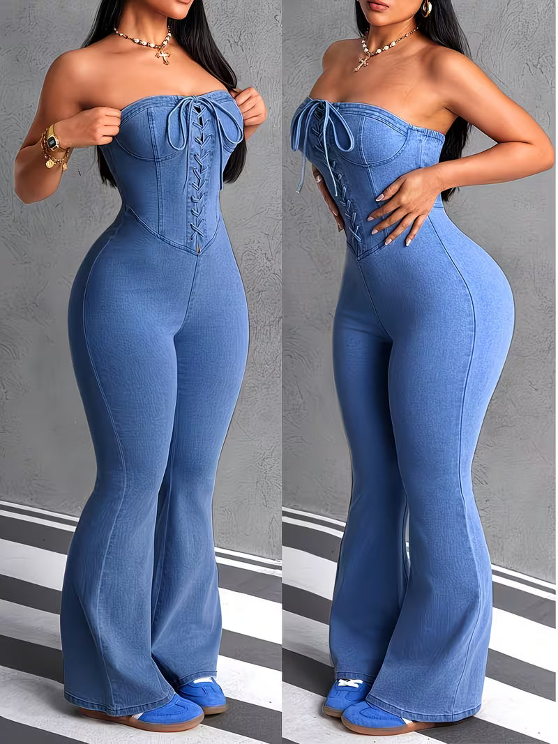 Women's Denim Strapless Jumpsuit | Corset Waist Flare Leg Stretch Jean Romper