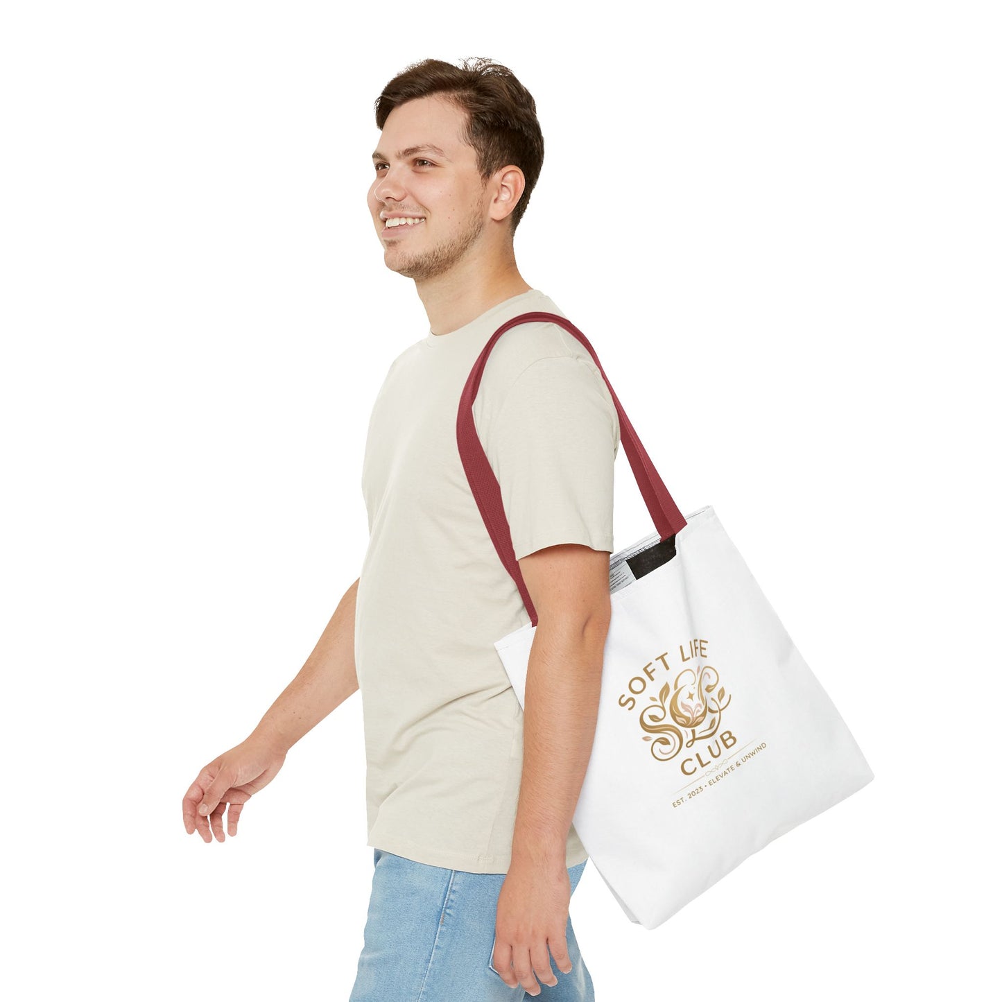 Soft Life Club Tote Bag — Chic Gold Logo AOP Tote for Everyday Carry