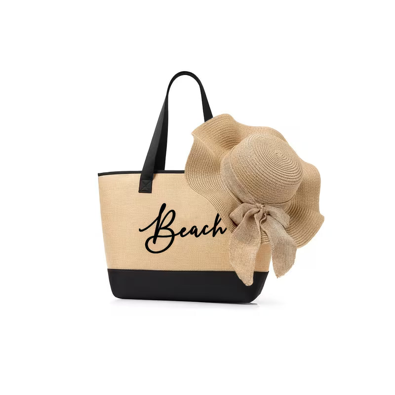 Beach Themed Black Tote Bag | Portable Beach Storage Bag with Sun Hat & Travel Organizer