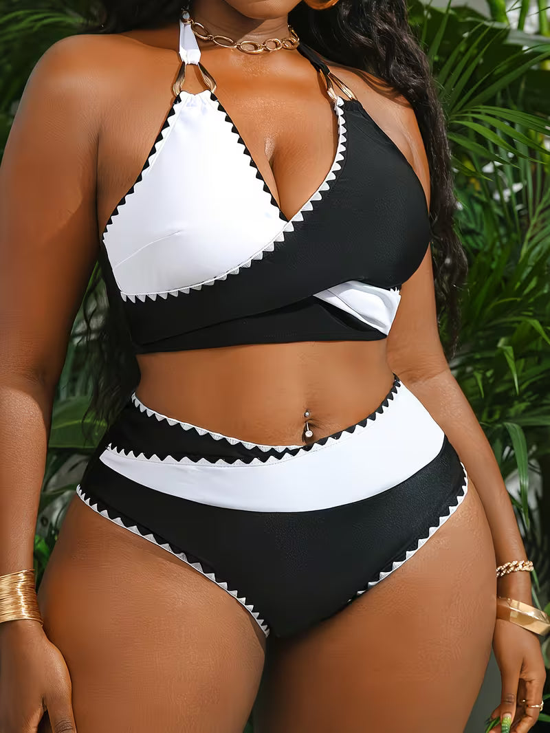 Women's Plus Size Ruffle Halter Bikini Set | Color Block Two-Piece Swimsuit