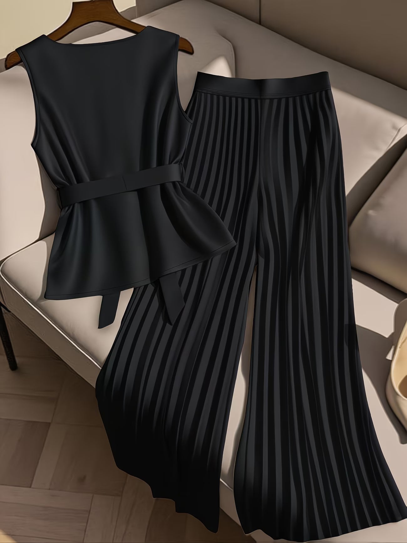 CurveElegance™ Plus Size 2-Piece Pant Set | Sleeveless Bow Top & High-Waist Chiffon Wide-Leg Pants for Women