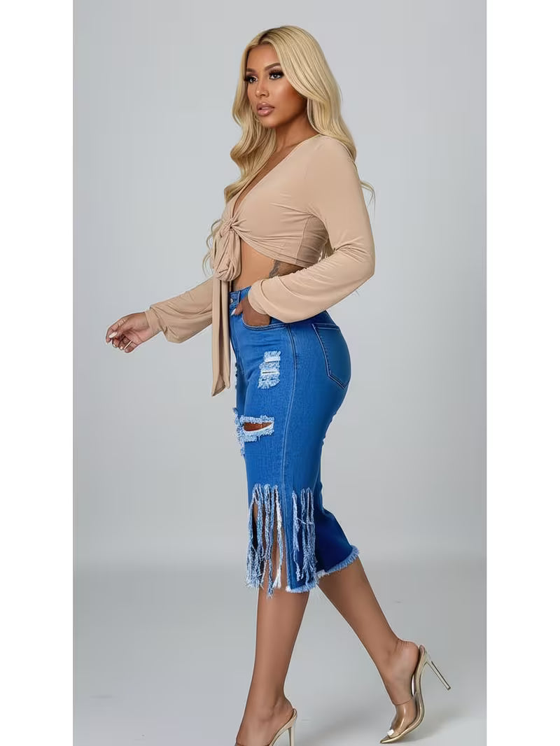 Women's High Waist Ripped Denim Capri Pants | Distressed Fringe Side Slit Cropped Jeans