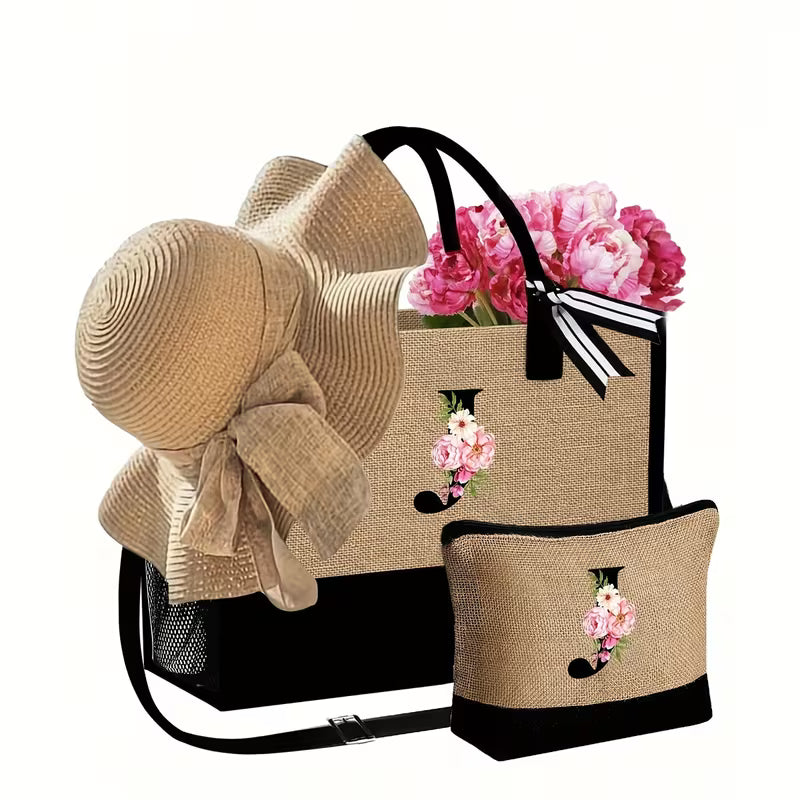 Women's 4-Piece Beach Bag Set | Tote Bag, Sun Hat, Makeup Pouch & Travel Accessories