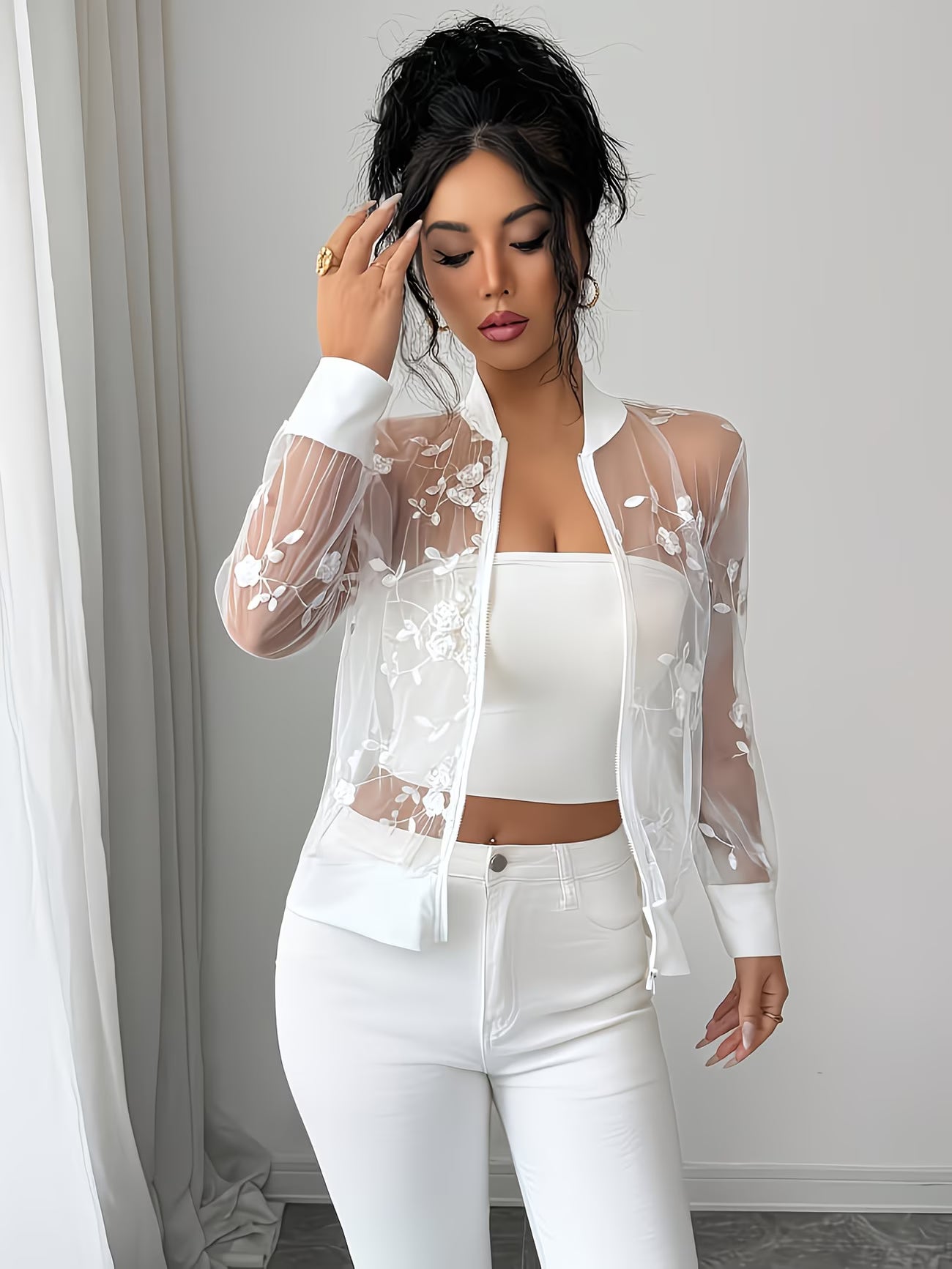 BloomAir™ Floral Embroidered Sheer Mesh Bomber Jacket | Lightweight Zip-Up Spring & Summer Layer for Women