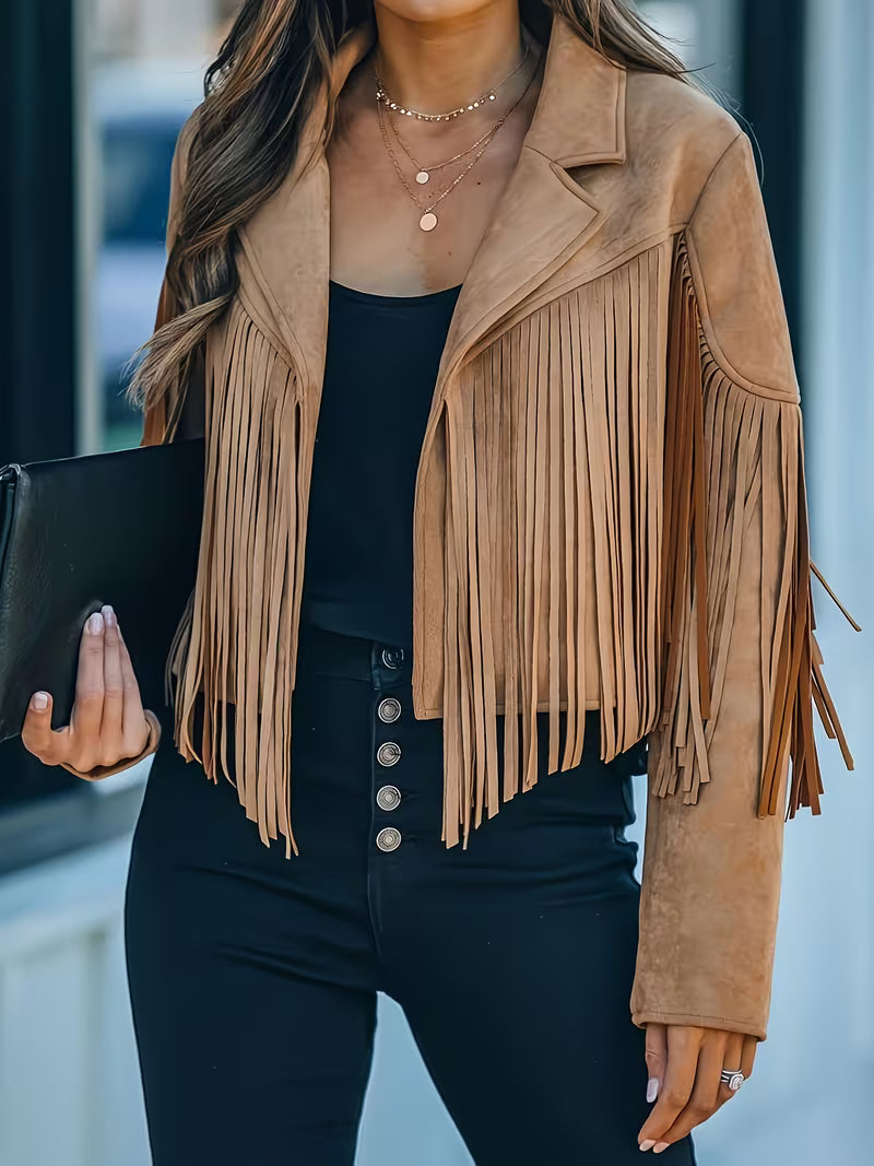 Women's Faux Suede Fringe Moto Jacket | Western Cropped Cowgirl Tassel Coat for Spring & Fall