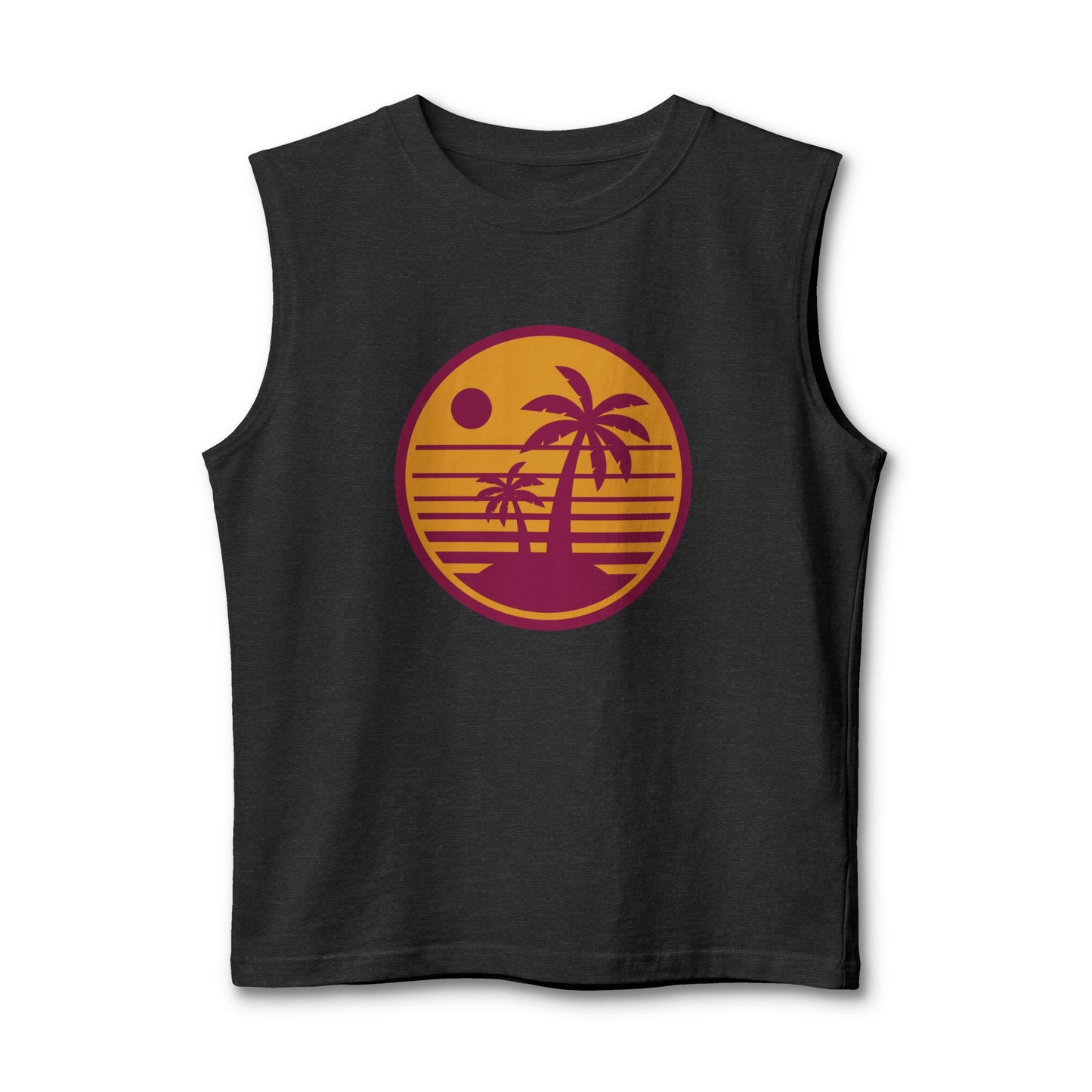 Palm Sunset Muscle Tank — Retro Beach Graphic Tank Top