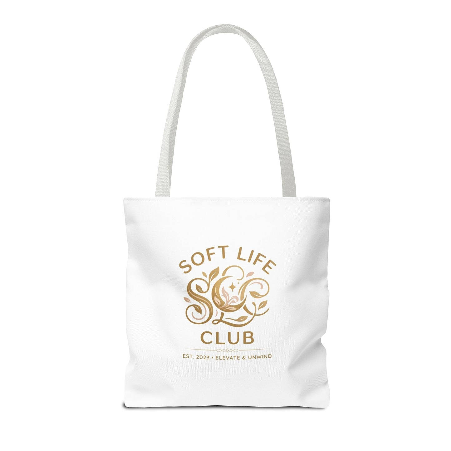 Soft Life Club Tote Bag — Chic Gold Logo AOP Tote for Everyday Carry