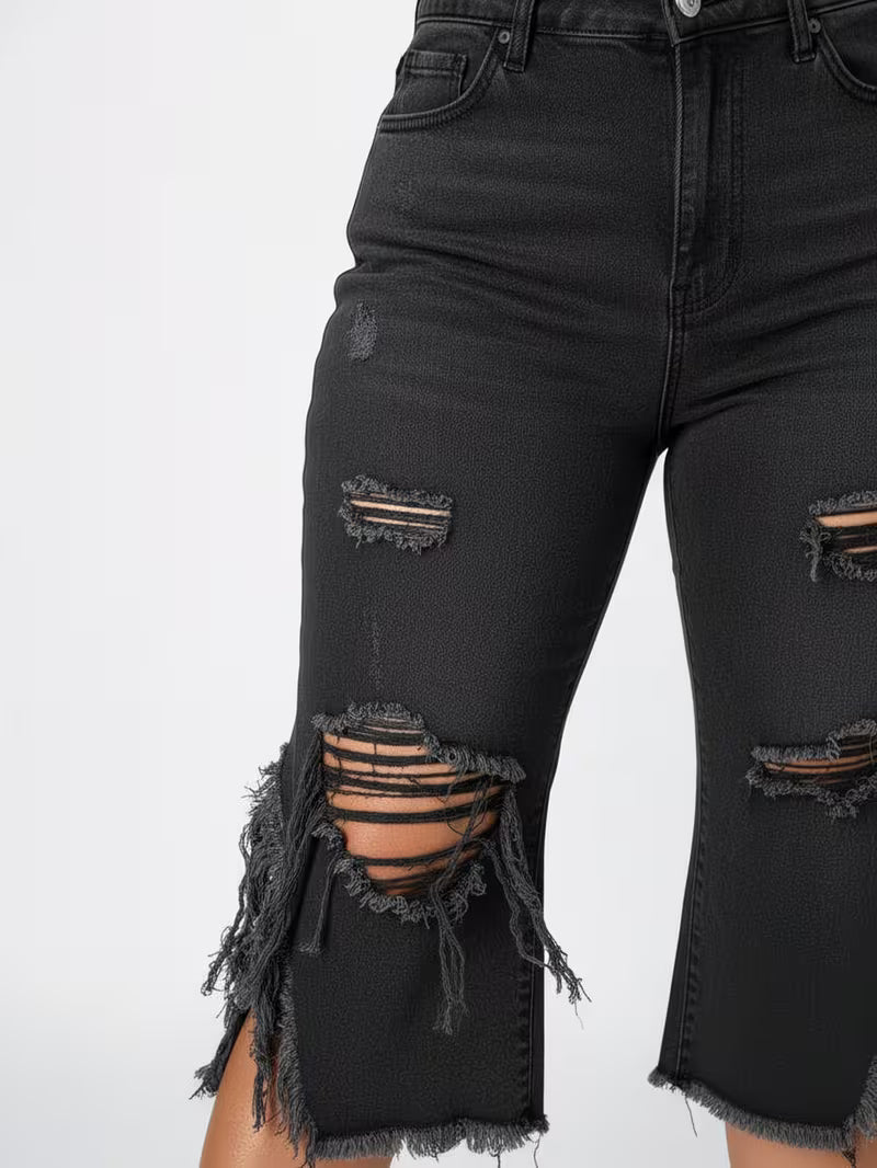 Women's High Waist Ripped Denim Capri Pants | Distressed Fringe Side Slit Cropped Jeans