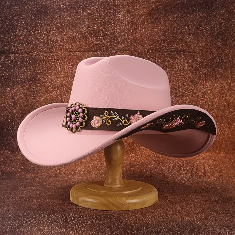 Women's Pink Embroidered Cowboy Hat | Soft Felt Western Hat with Turquoise Belt & Floral Trim