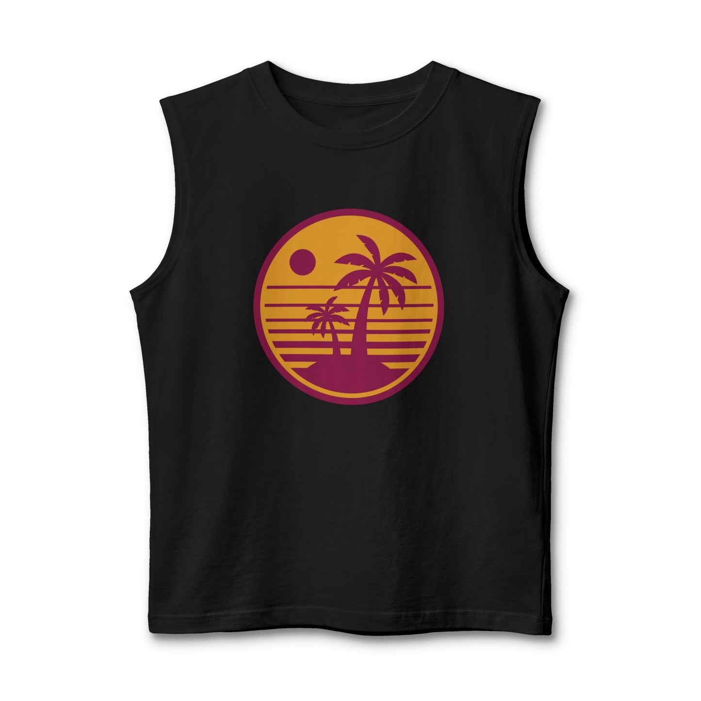 Palm Sunset Muscle Tank — Retro Beach Graphic Tank Top