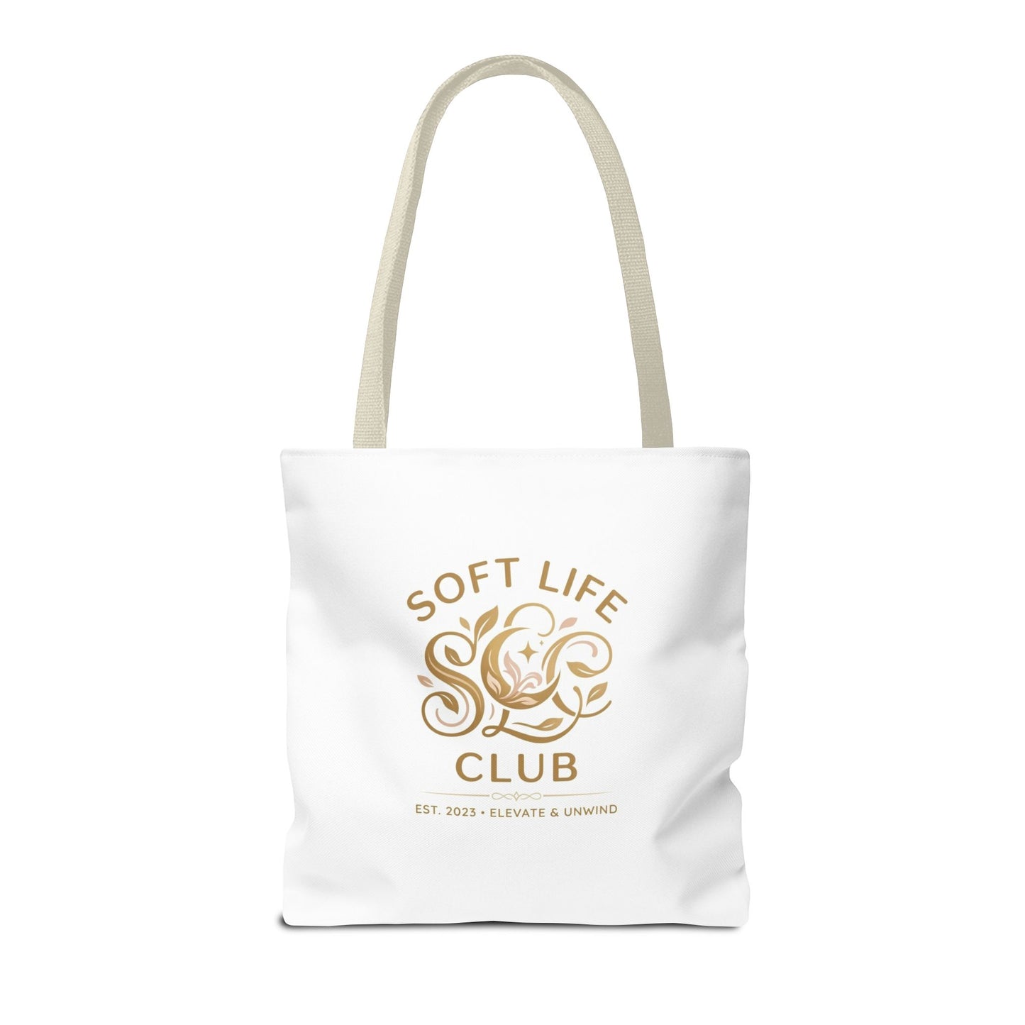 Soft Life Club Tote Bag — Chic Gold Logo AOP Tote for Everyday Carry