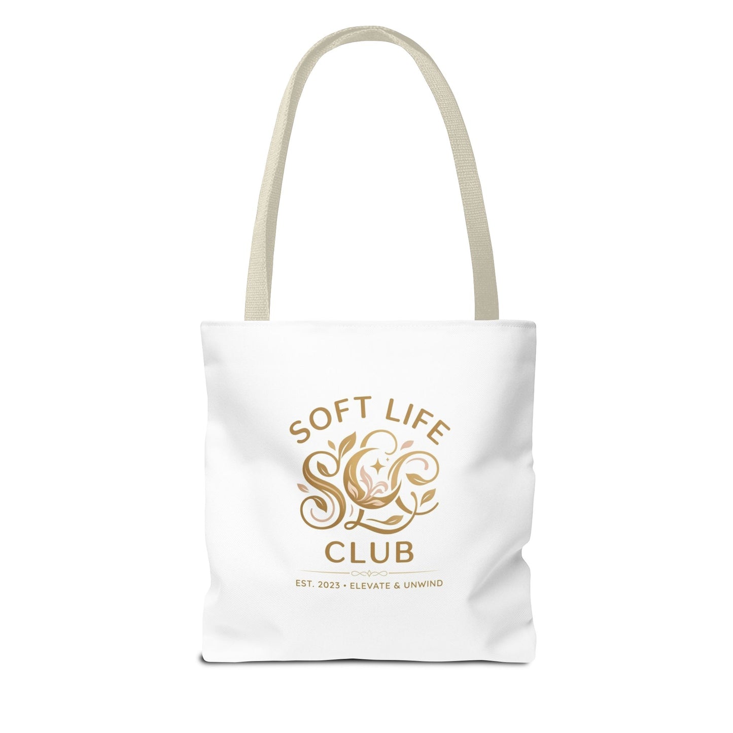 Soft Life Club Tote Bag — Chic Gold Logo AOP Tote for Everyday Carry