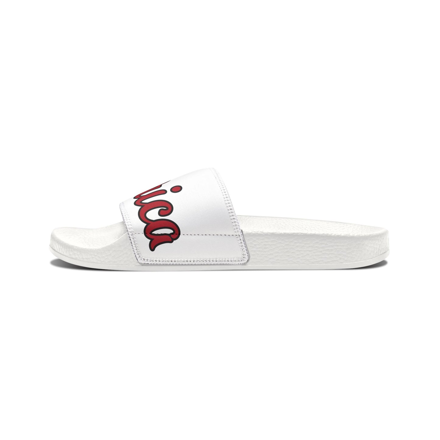 Men's Slide Sandals — White Patriotic Script Pool Slides