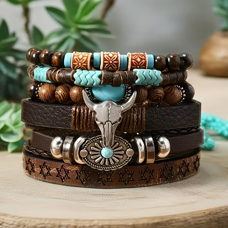 6-Piece Men's Western Bracelet Set | Bull Skull, Wings & Wooden Bead Vintage Boho Bracelets