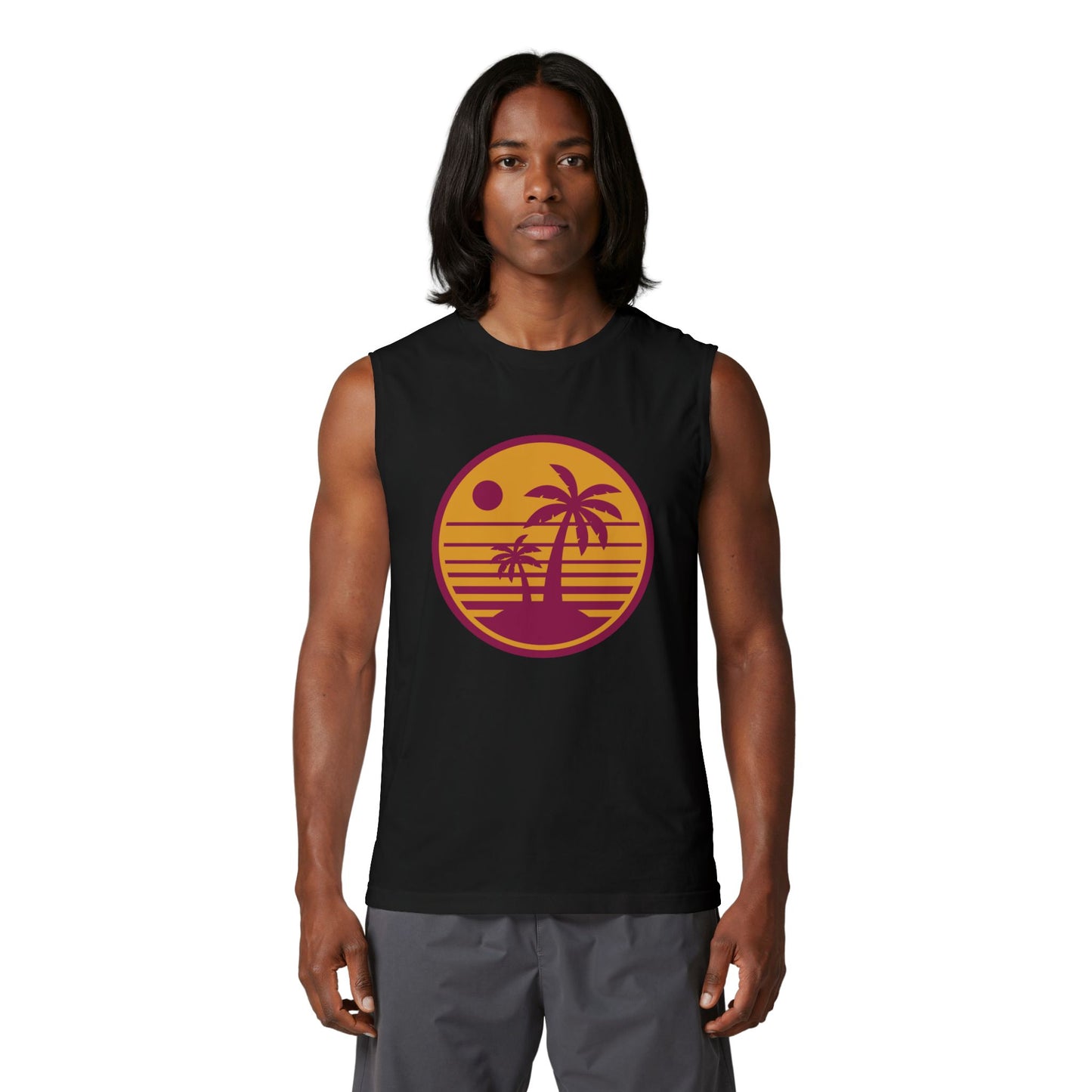 Palm Sunset Muscle Tank — Retro Beach Graphic Tank Top