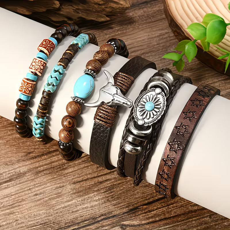 6-Piece Men's Western Bracelet Set | Bull Skull, Wings & Wooden Bead Vintage Boho Bracelets
