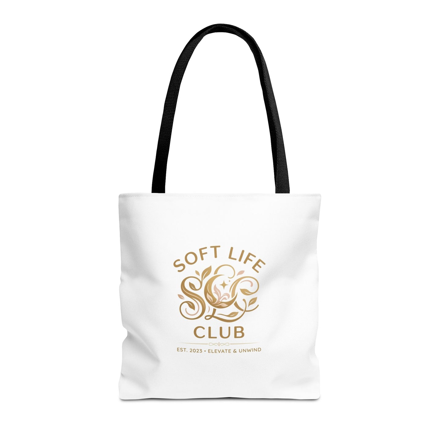 Soft Life Club Tote Bag — Chic Gold Logo AOP Tote for Everyday Carry