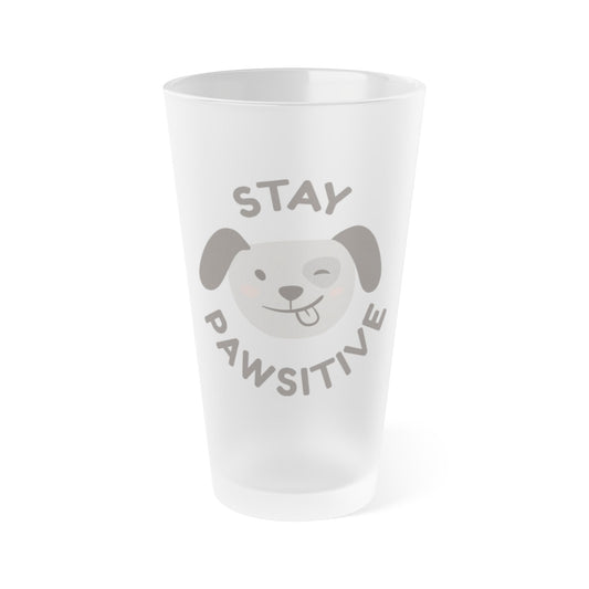 Frosted Pint Glass – “Stay Pawsitive” Cute Dog 16oz Cold Drink Glass