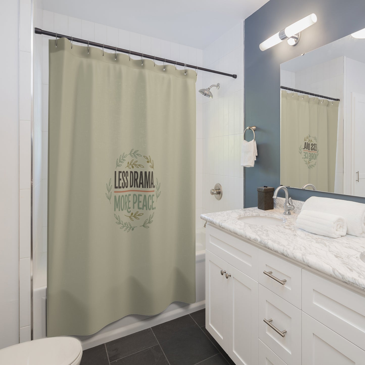 Shower Curtain — "Less Drama, More Peace" Minimalist Bathroom Decor