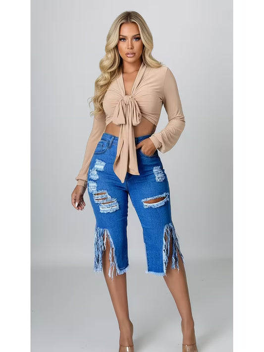Women's High Waist Ripped Denim Capri Pants | Distressed Fringe Side Slit Cropped Jeans