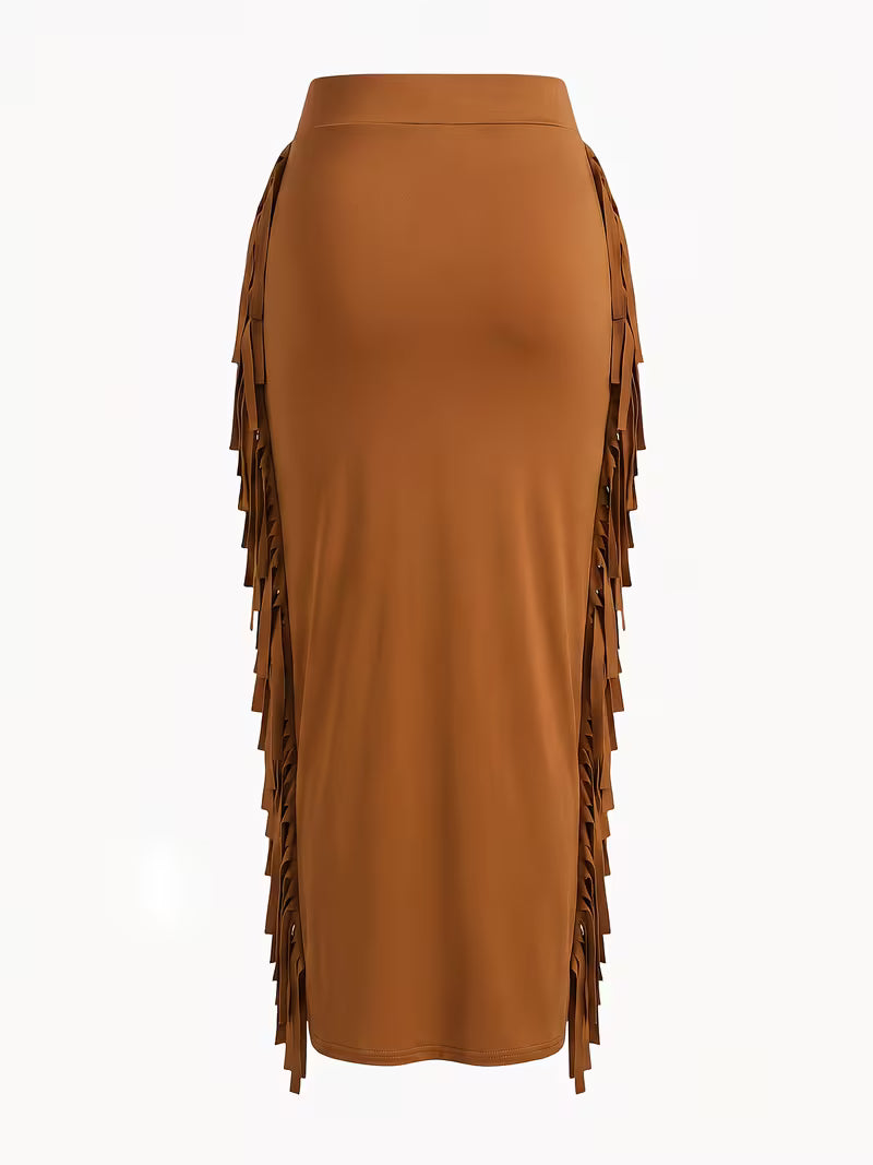 Women's High Waist Fringe Midi Skirt | Elegant Tassel Western Boho Fashion Skirt