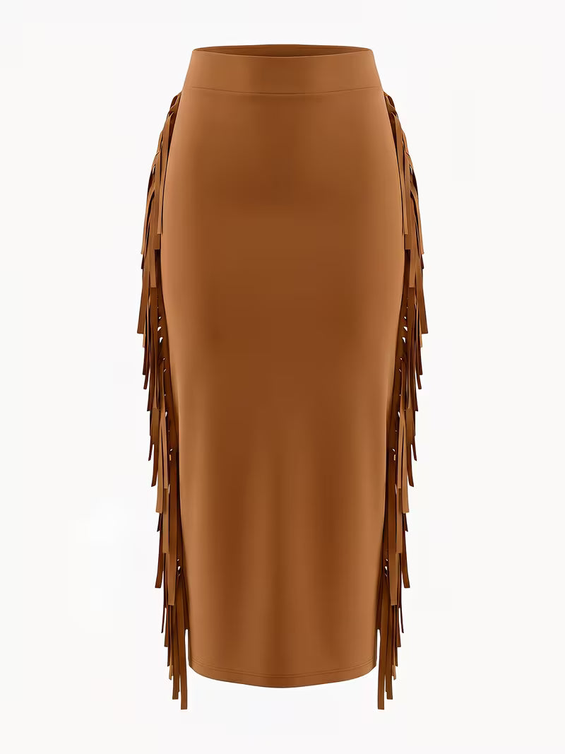 Women's High Waist Fringe Midi Skirt | Elegant Tassel Western Boho Fashion Skirt