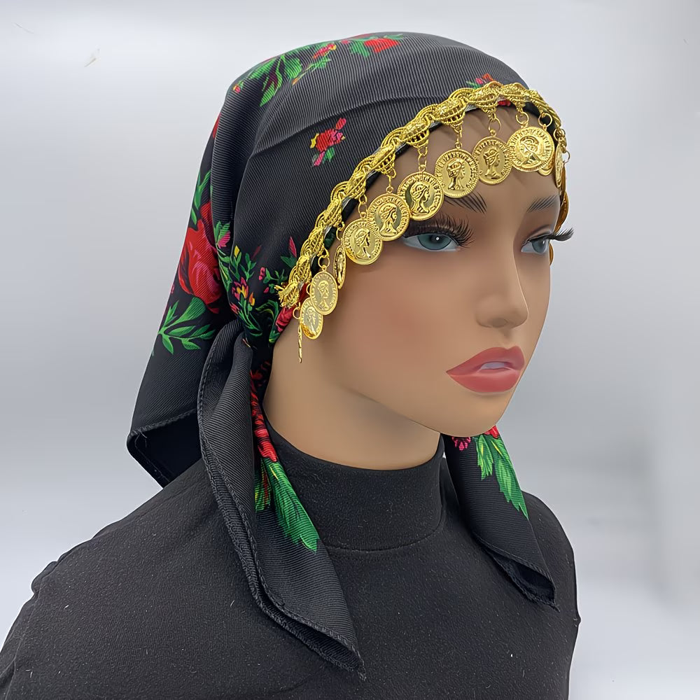 LuxeChain™ Ethnic Print Headscarf | Golden Chain Triangle Headwrap for Women