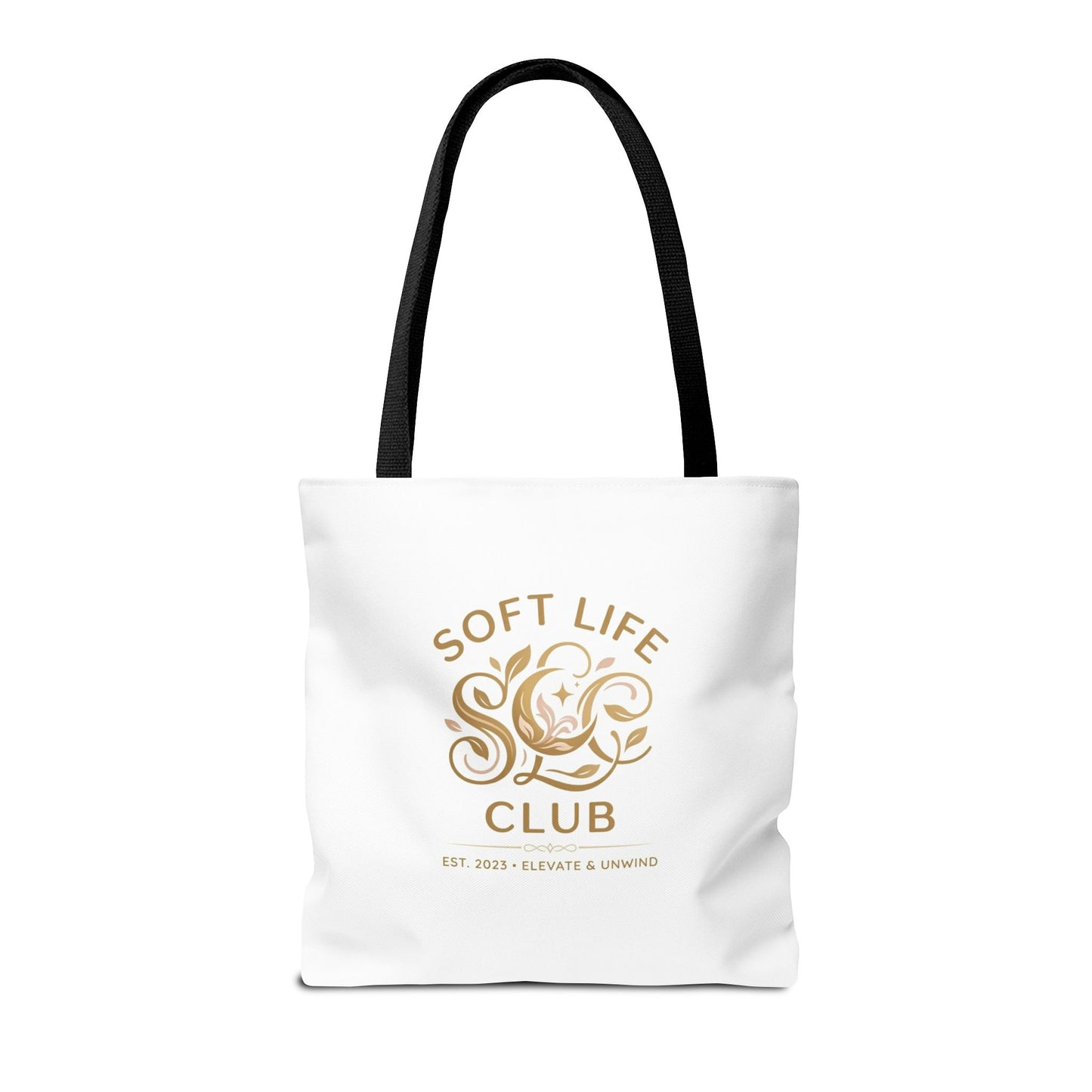Soft Life Club Tote Bag — Chic Gold Logo AOP Tote for Everyday Carry