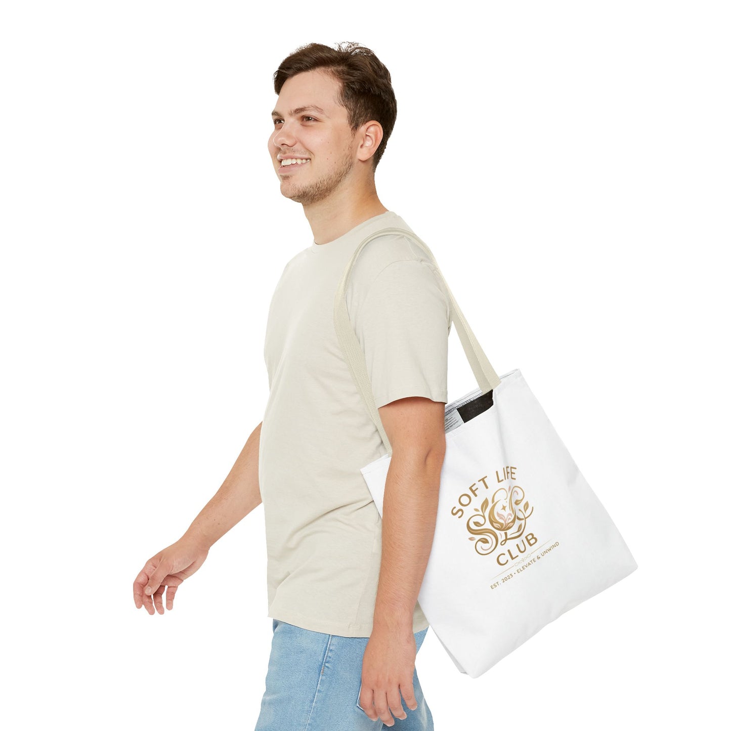 Soft Life Club Tote Bag — Chic Gold Logo AOP Tote for Everyday Carry