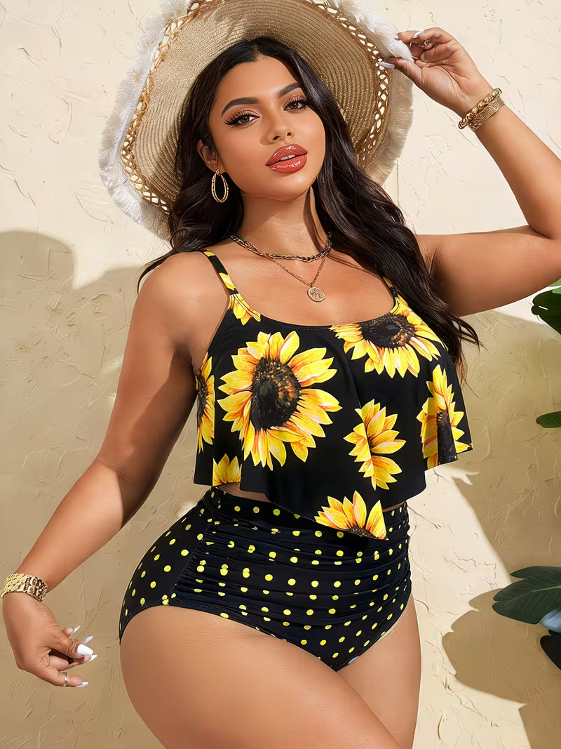 Women's Plus Size Sunflower Bikini Set | 2-Piece High-Waist Off-Shoulder Swimsuit