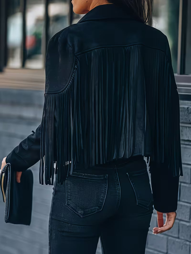 Women's Faux Suede Fringe Moto Jacket | Western Cropped Cowgirl Tassel Coat for Spring & Fall