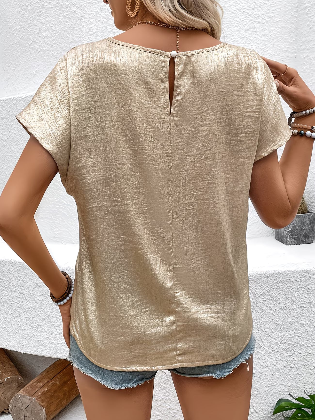 LumiGlow™ Glossy Round Neck Top | Short Sleeve Holiday & Party Blouse for Women