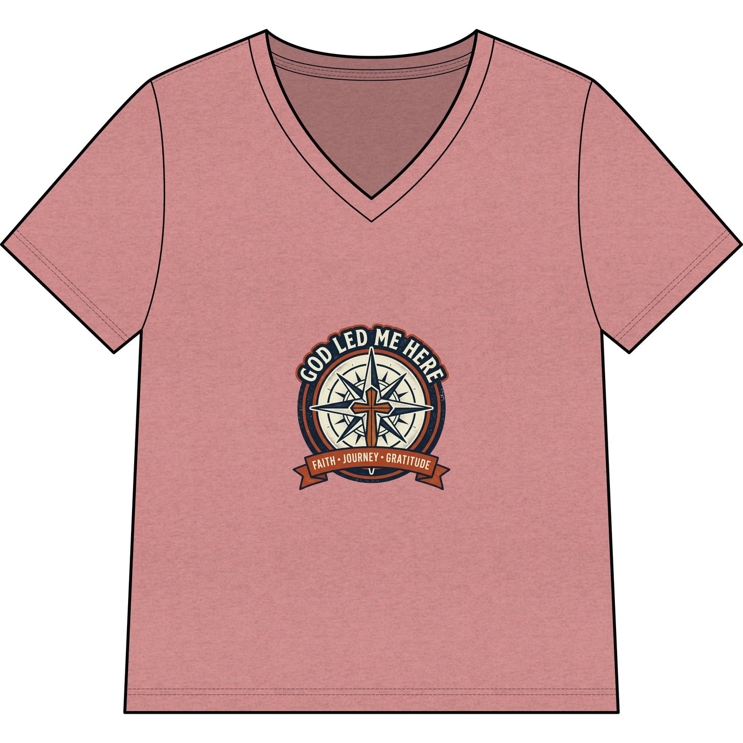 Women’s V-Neck Tee - “God Led Me Here” Compass Christian Graphic