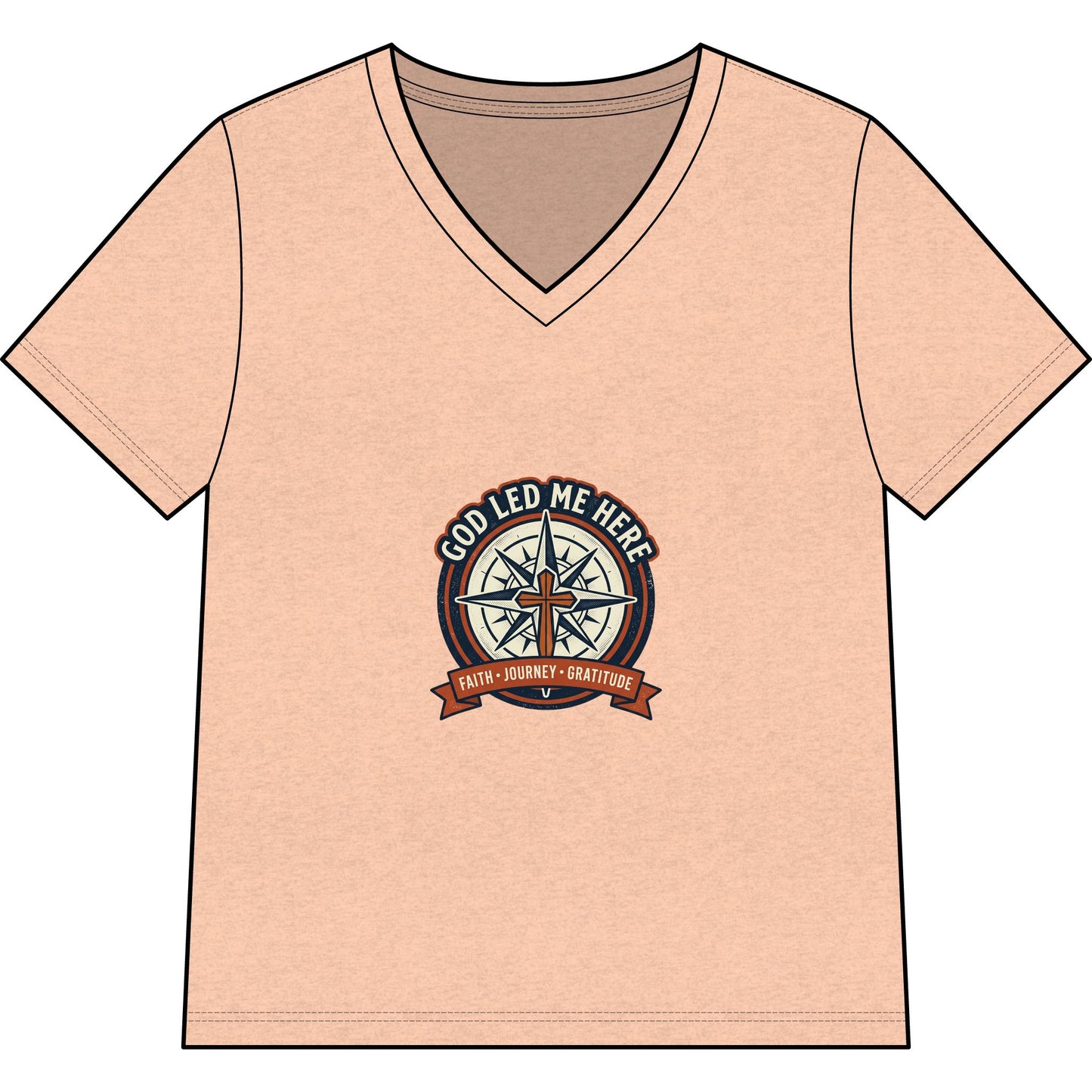 Women’s V-Neck Tee - “God Led Me Here” Compass Christian Graphic