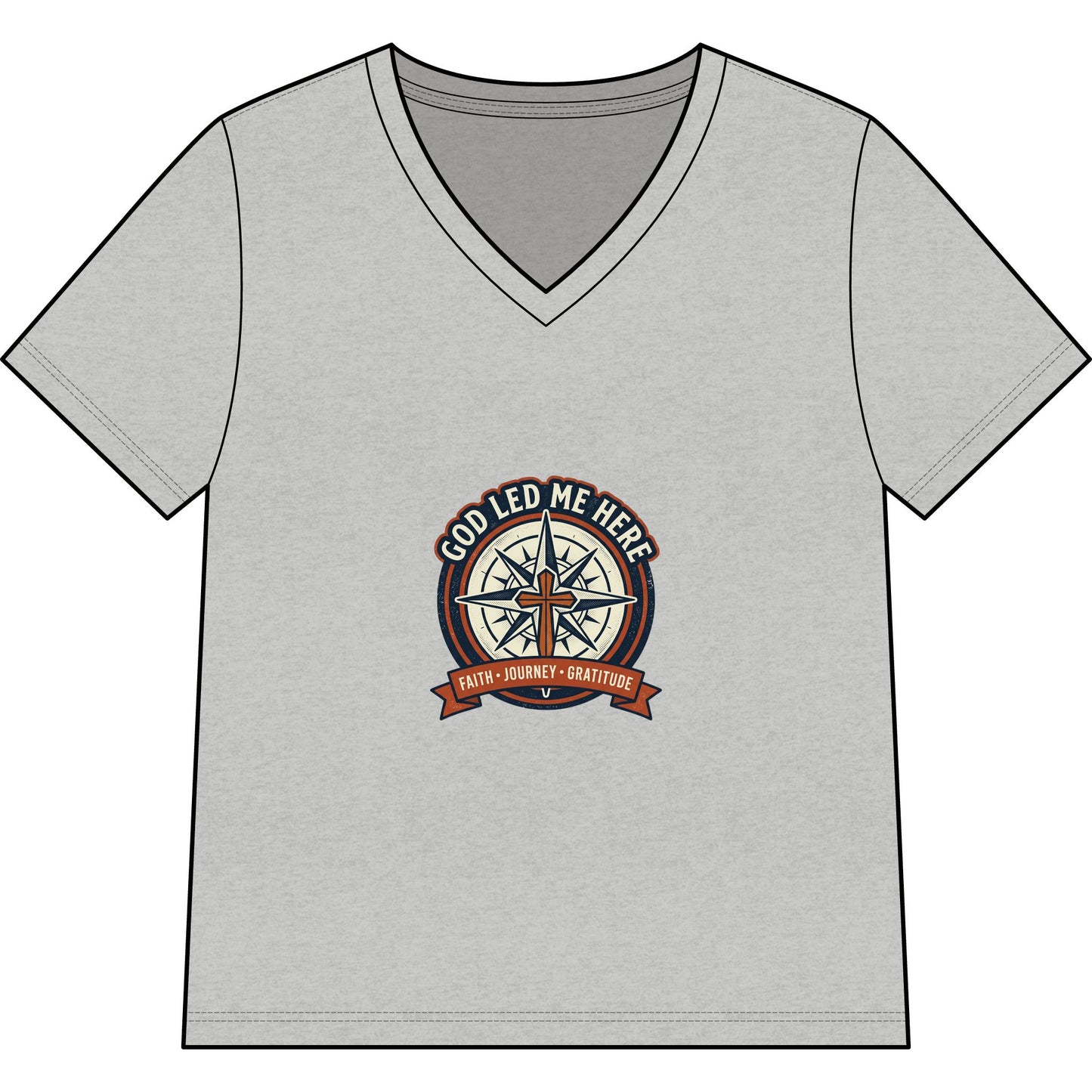 Women’s V-Neck Tee - “God Led Me Here” Compass Christian Graphic
