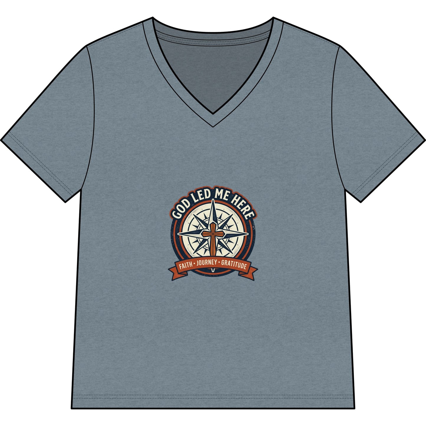 Women’s V-Neck Tee - “God Led Me Here” Compass Christian Graphic