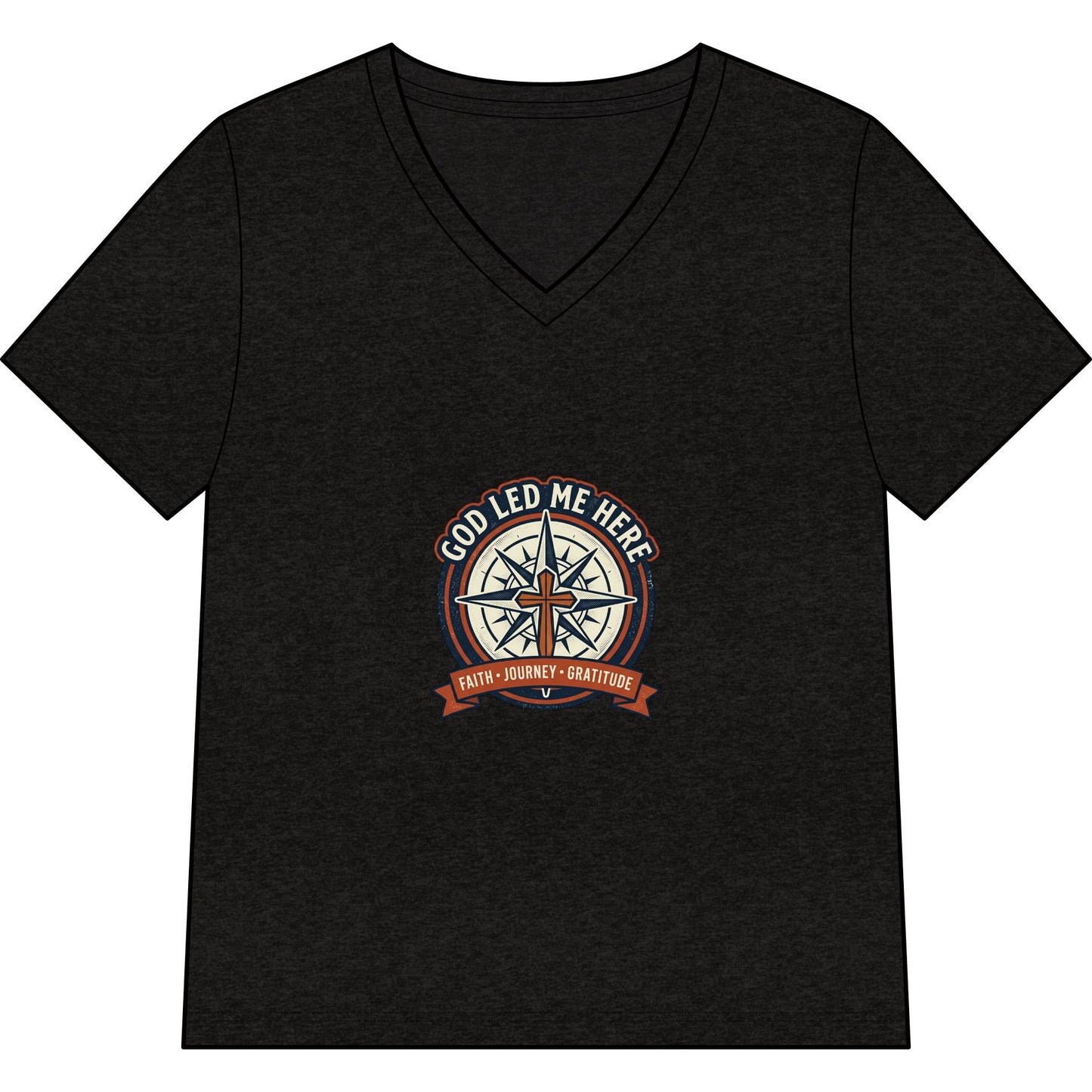 Women’s V-Neck Tee - “God Led Me Here” Compass Christian Graphic