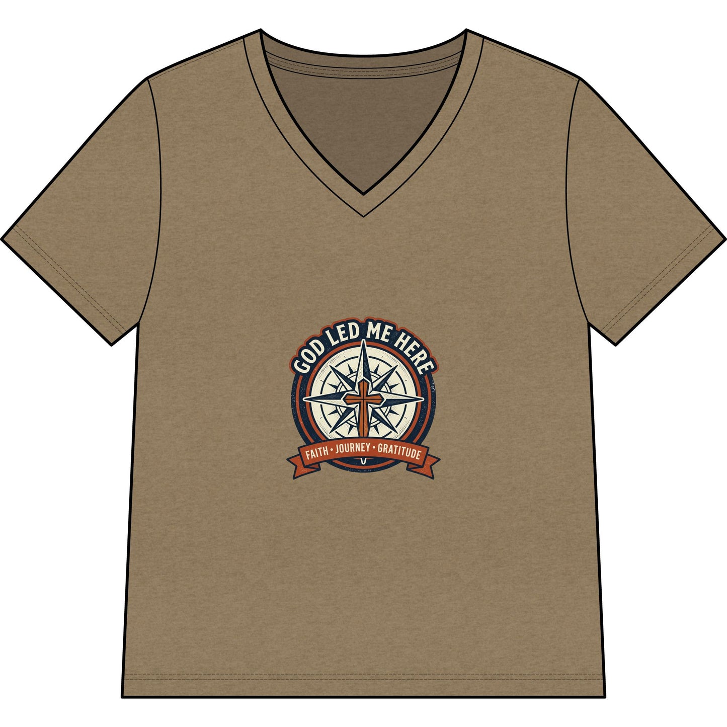 Women’s V-Neck Tee - “God Led Me Here” Compass Christian Graphic