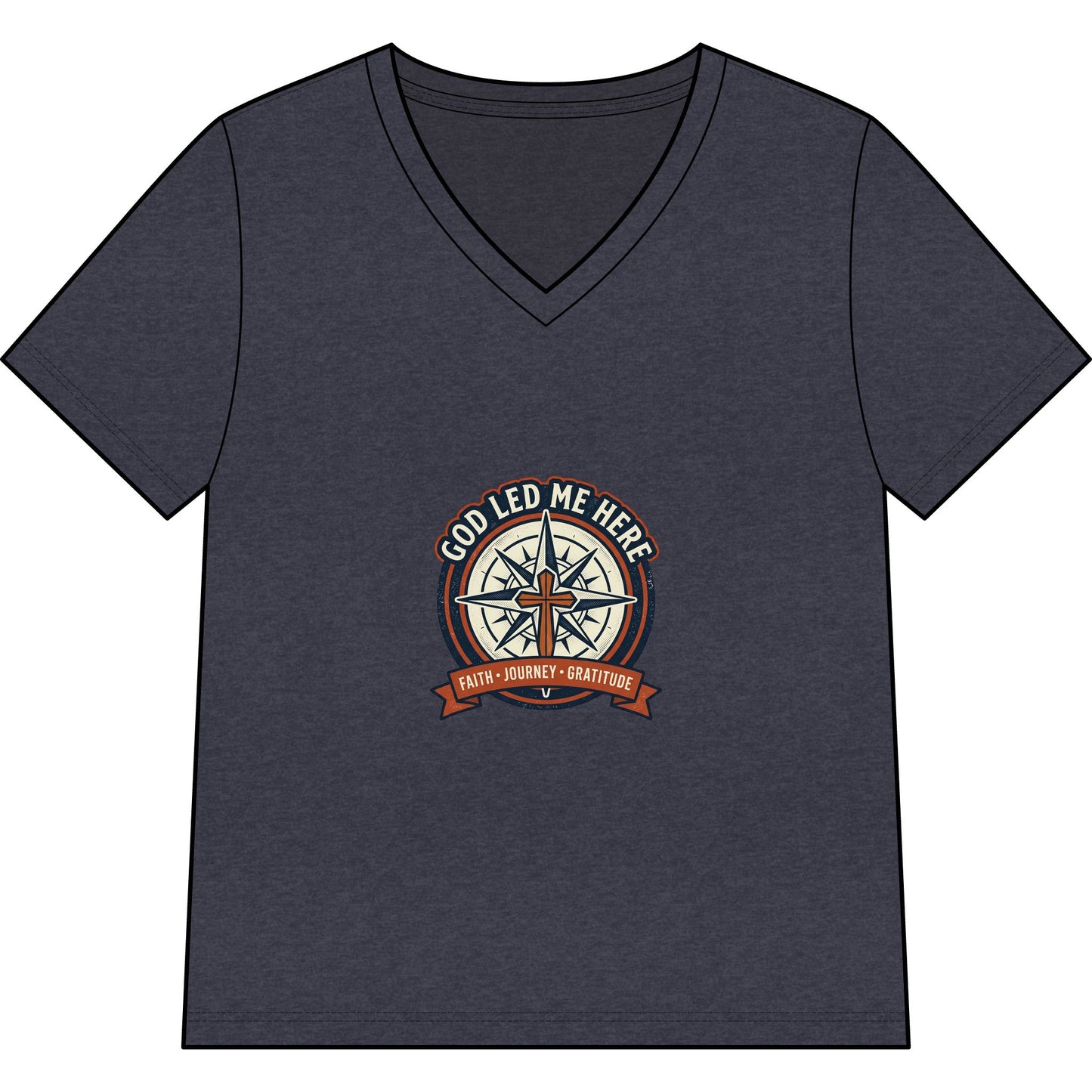 Women’s V-Neck Tee - “God Led Me Here” Compass Christian Graphic