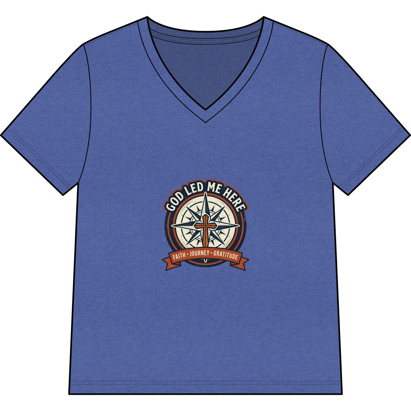 Women’s V-Neck Tee - “God Led Me Here” Compass Christian Graphic