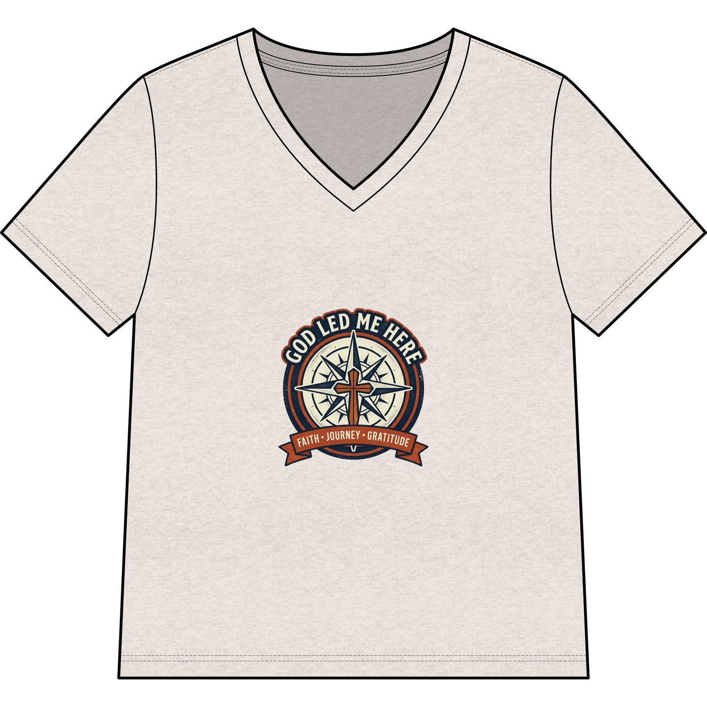 Women’s V-Neck Tee - “God Led Me Here” Compass Christian Graphic
