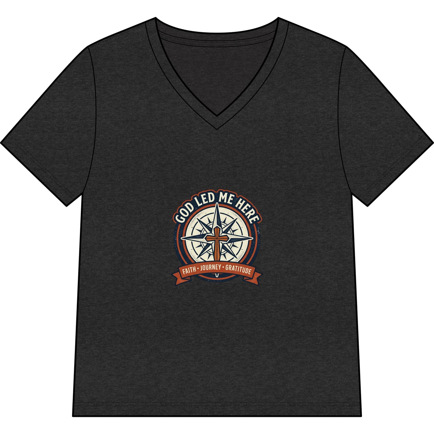 Women’s V-Neck Tee - “God Led Me Here” Compass Christian Graphic