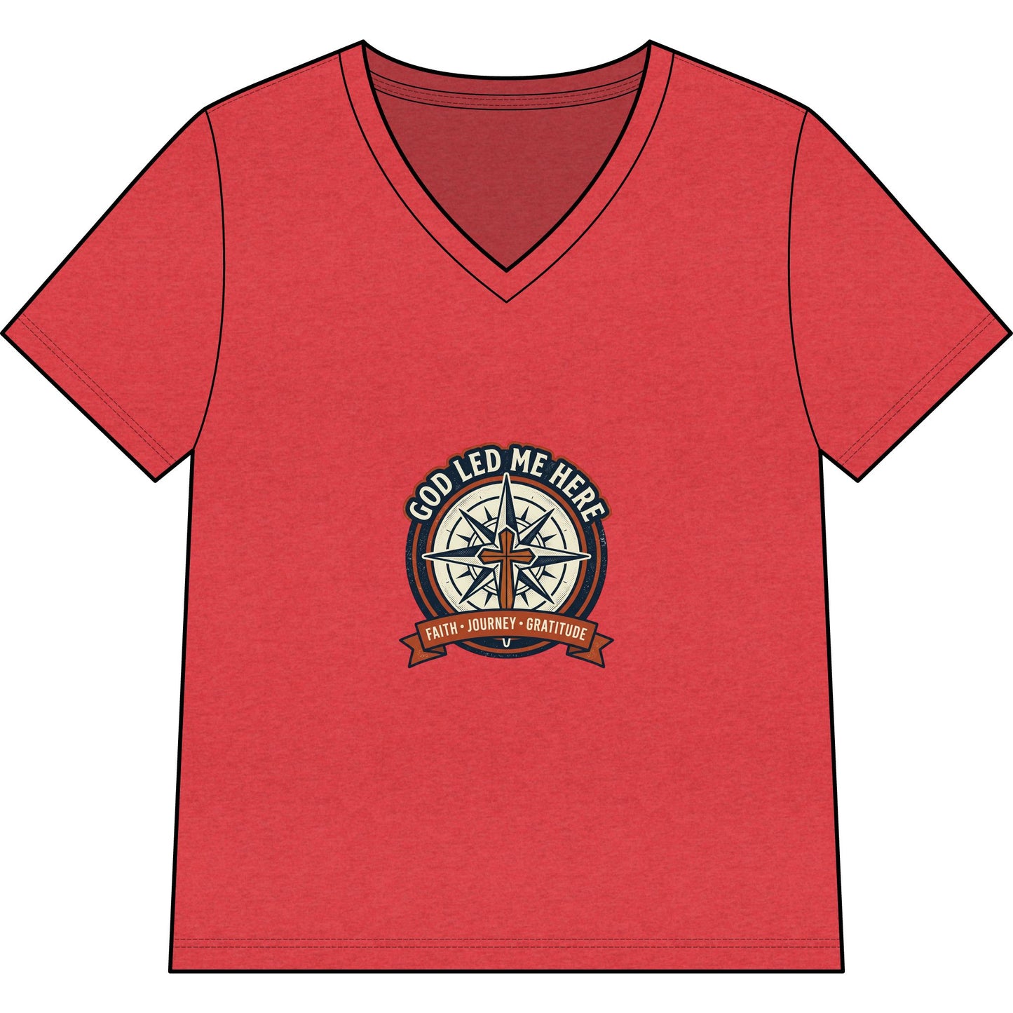 Women’s V-Neck Tee - “God Led Me Here” Compass Christian Graphic