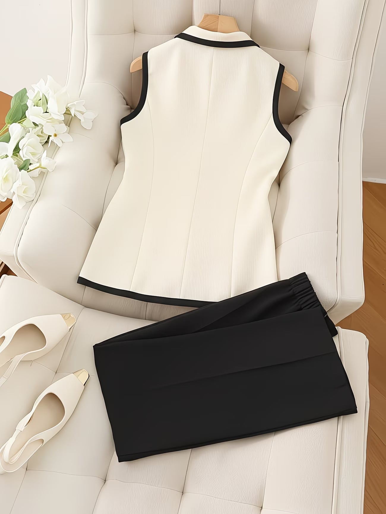 ExecutiveLuxe™ 2-Piece Skirt Suit Set | Contrast Collar Blazer & Pencil Skirt Ensemble for Women